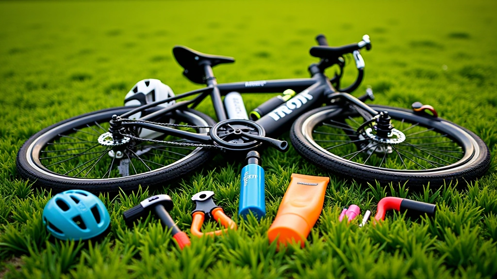 Sprzęt rowerowy ułożony na trawie: kask, butelka wody, krem do opalania, pompka i narzędzia