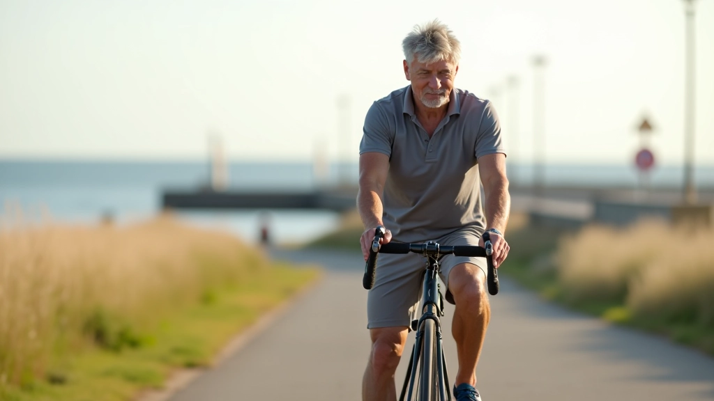 Rowerzysta jadący ścieżką rowerową wzdłuż plaży w Sopocie z widokiem na morze