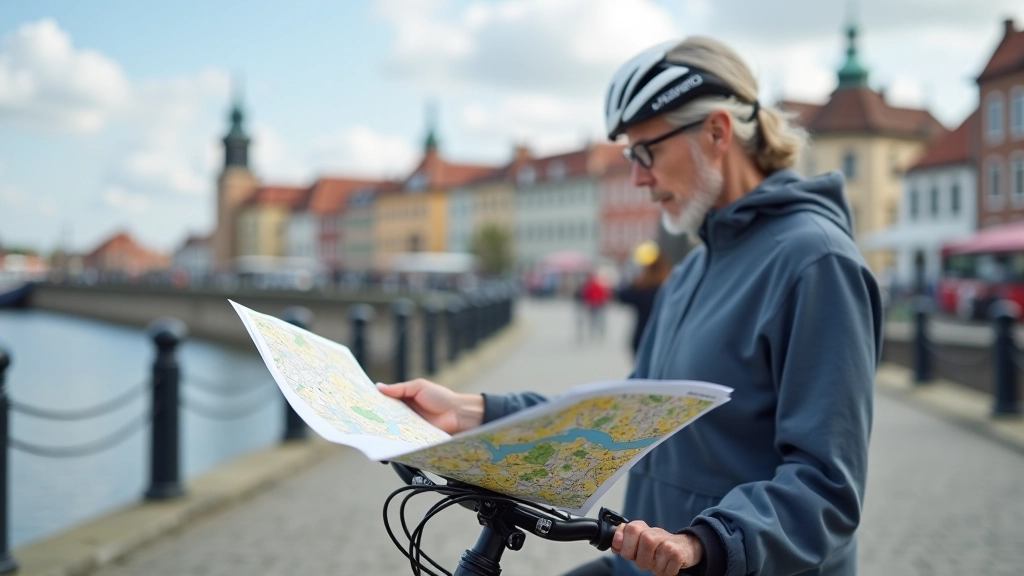 Rowerzysta z mapą tras na tle architektury Gdańska, stary port