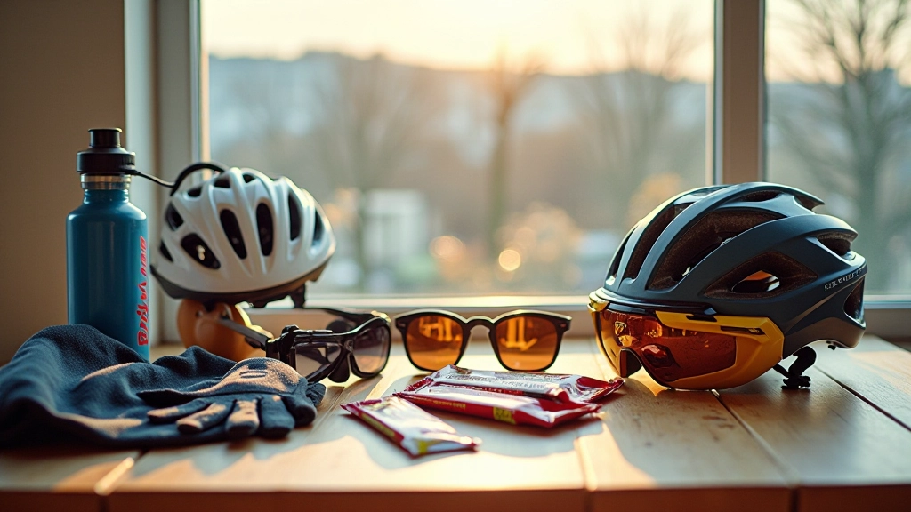 Sprzęt rowerowy ułożony na stole — kask, lampka, pompka, okulary i woda