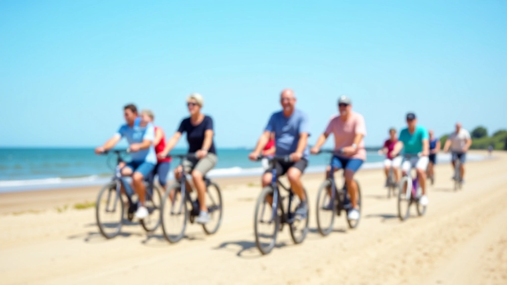 Seniorzy na rowerach wzdłuż plaży Gdańska, słoneczny dzień z widokiem na morze