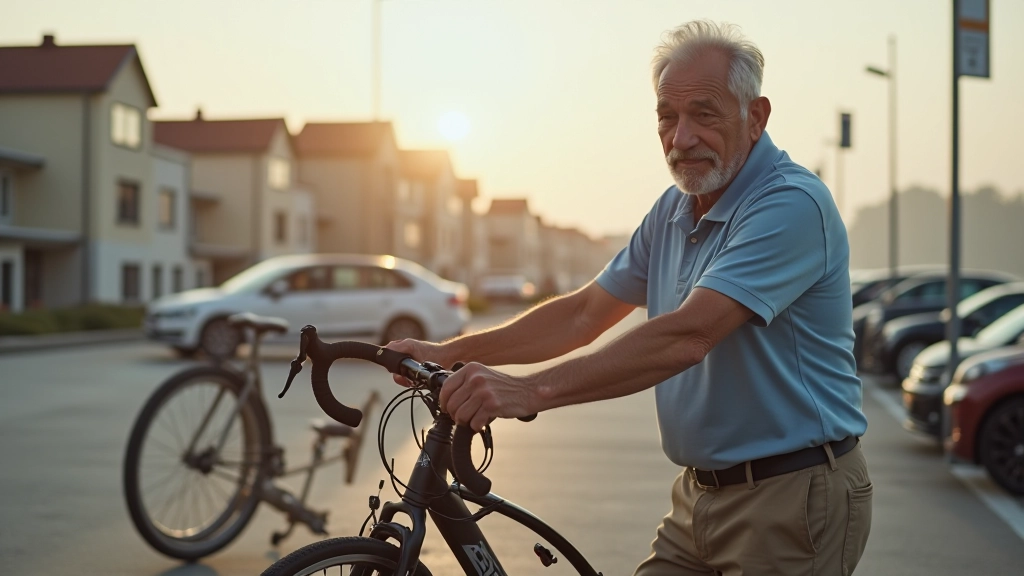 Rowerzysta przygotowujący się do jazdy, sprawdzający stan roweru na parkingu