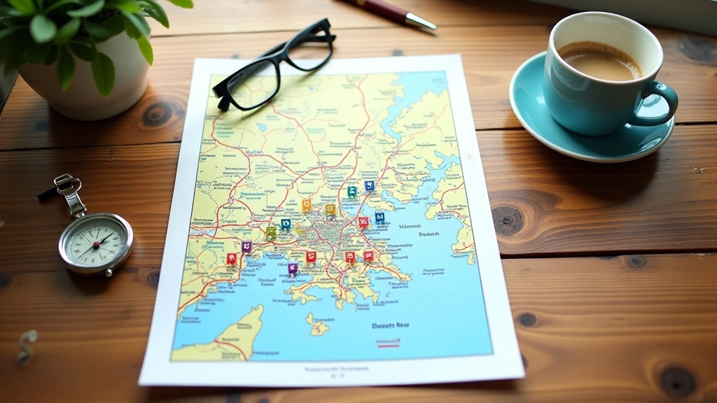 Mapa tras rowerowych Trójmiasta na stole obok kompasu i kawy