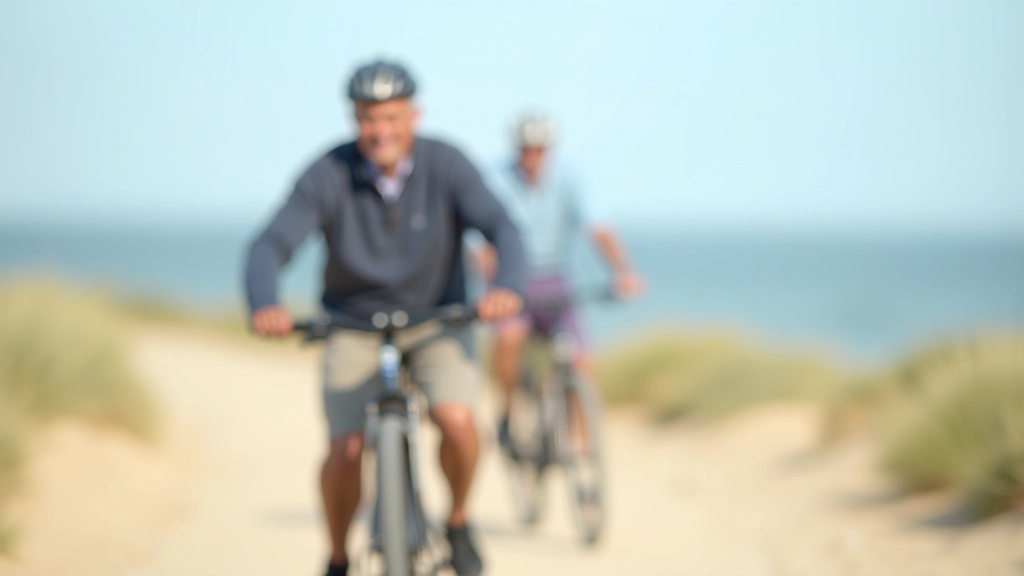 Starszy rowerzysta na plaży z morze w tle, słoneczny dzień