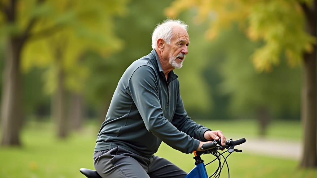 Senior mężczyzna siedzi na wygodnym rowerze typu cruiser w parku, kontrolując wysokość siodełka