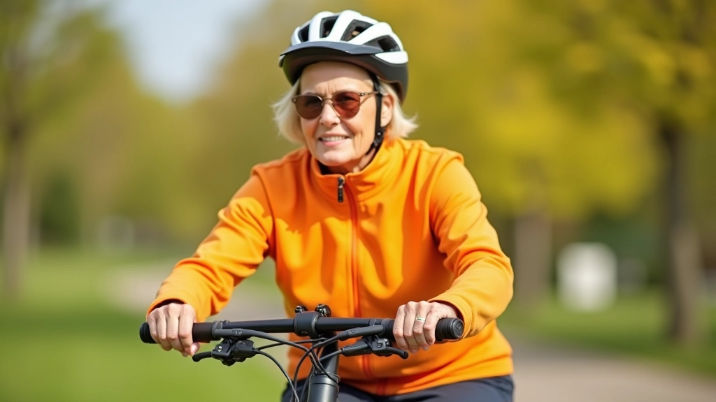 Senior kobieta w kasku na rowerze w parku, demonstrując prawidłową postawę i pozycję na siodełku