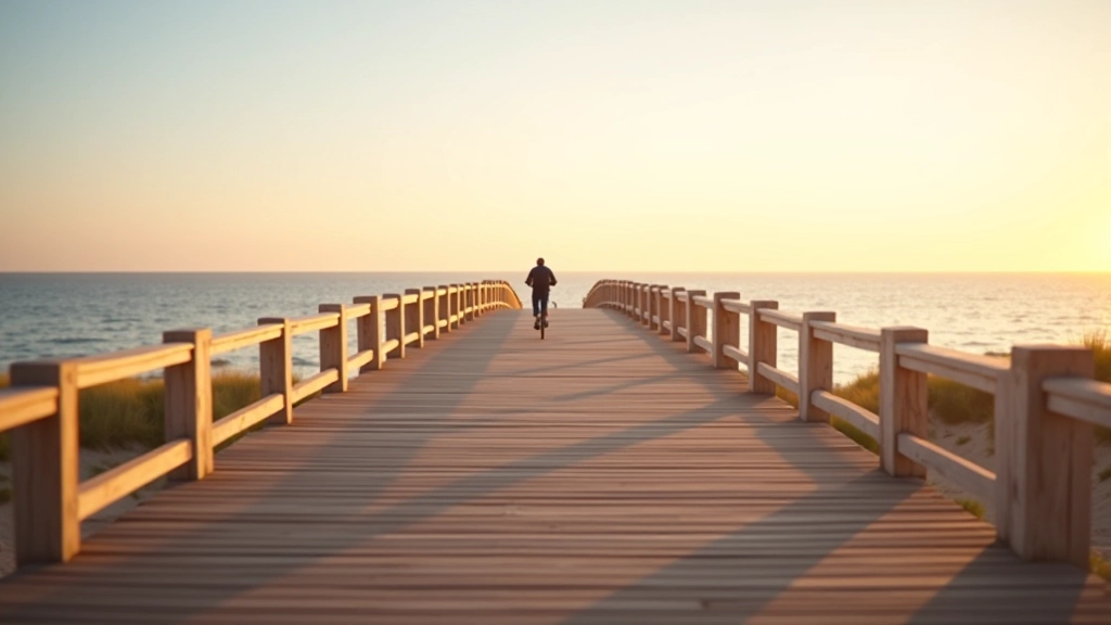 Drewniany most na trasie rowerowej w Sopocie, morze i plaża widoczne